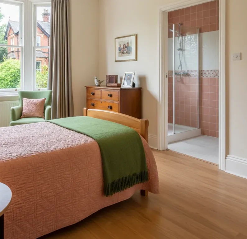 A bright bedroom with a rose quilt, a green throw, an armchair by a sash window and an open door to a tiled wet room