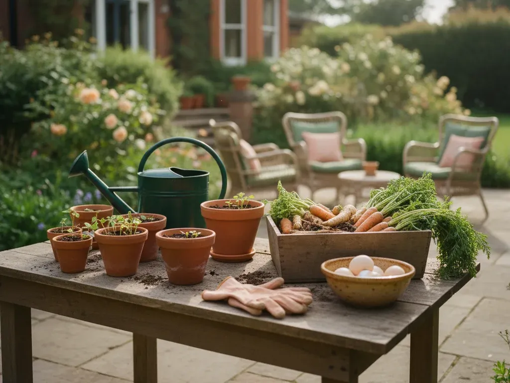 A potting table in the garden with seedlings, a green watering can, freshly picked carrots and a bowl of eggs