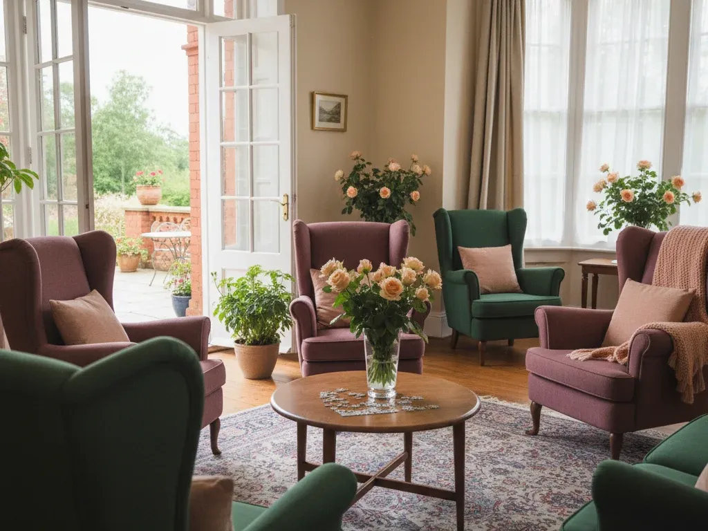 A calm living room with plum and green armchairs around a low table, French doors open onto a sunny terrace