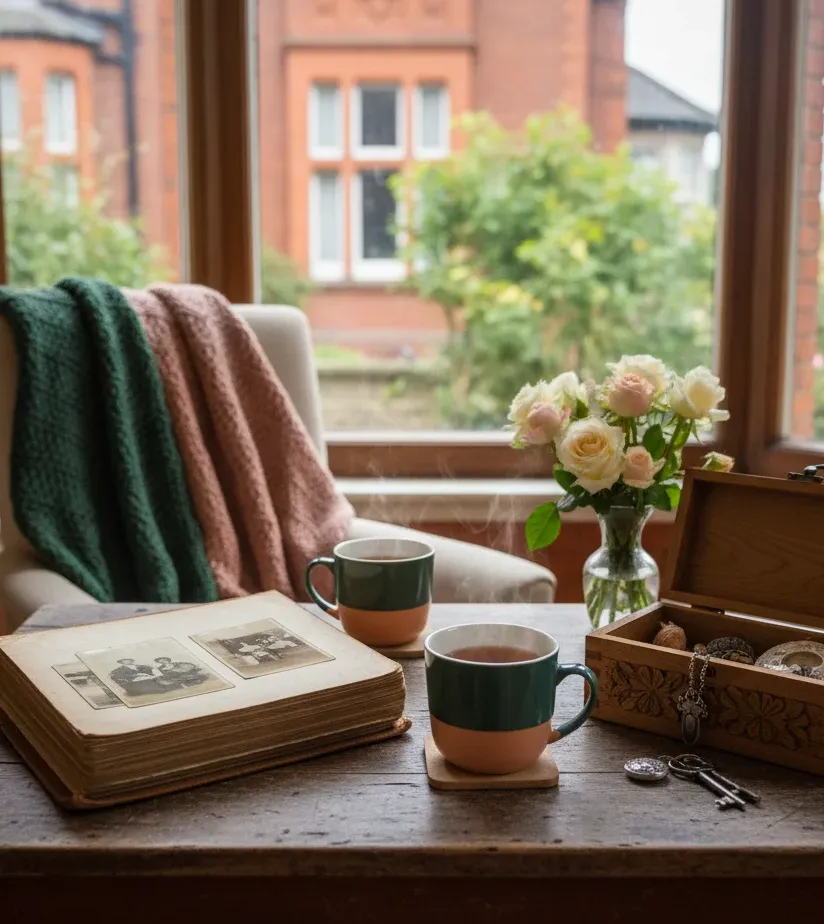 An old photograph album open on a table beside two mugs of tea and a folded green and rose blanket